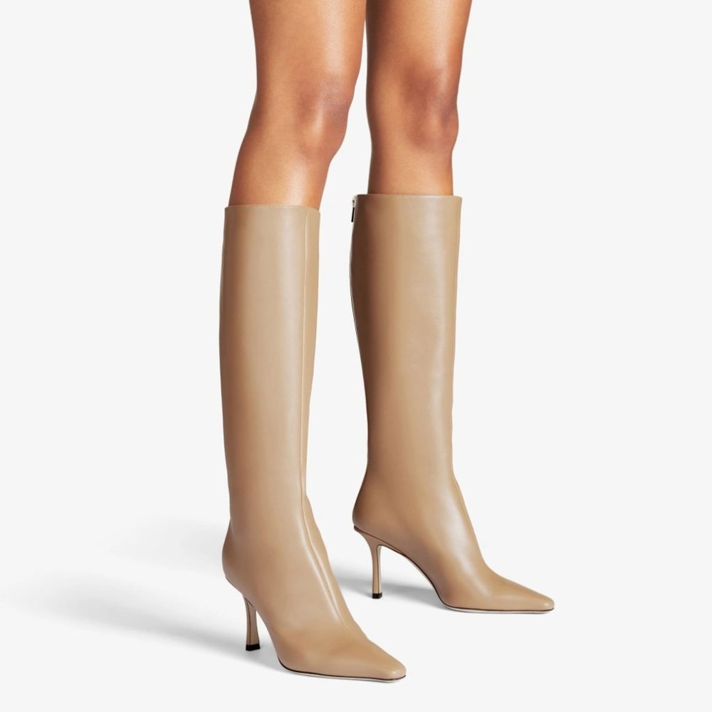BNIB Jimmy Choo Agathe Agatha tall knee boot nude tan biscuit 7 heel pointed toe